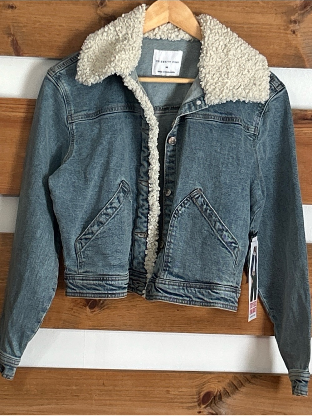 NWT Celebrity Pink Teddy Fleece Cozy Light Denim Cropped Jacket Women's Size M
